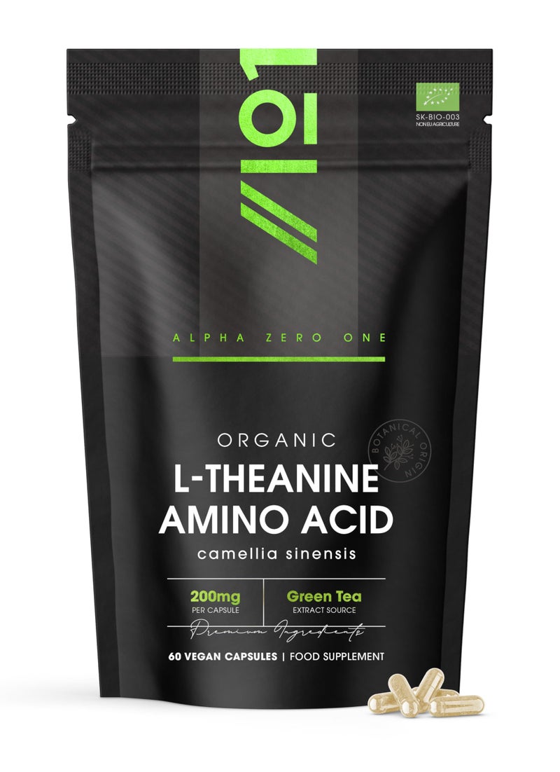 Organic L-Theanine 200mg from Green Tea Extract - 60 Vegan Capsules (2 Months Supply) - High Strength Theanine Amino Acid Supplement - by Alpha01